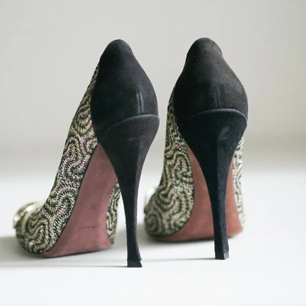 Nina Ricci High-Heel Glitter Black  Suede Pumps